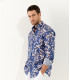 CIRO - Chemise lin imprimé motif fleur japonaise indigo