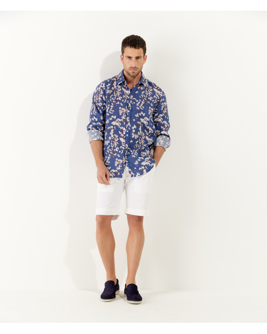 CIRO - Chemise lin imprimé motif fleur japonaise indigo