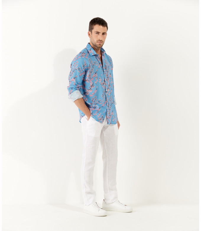 CIRO - Chemise lin imprimé motif fleur japonaise ocean