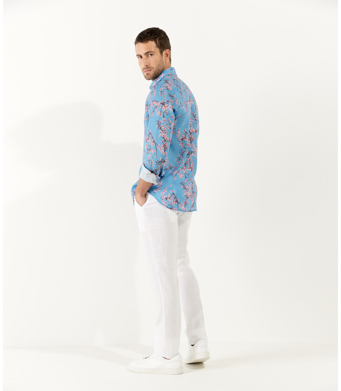 CIRO - Chemise lin imprimé motif fleur japonaise ocean