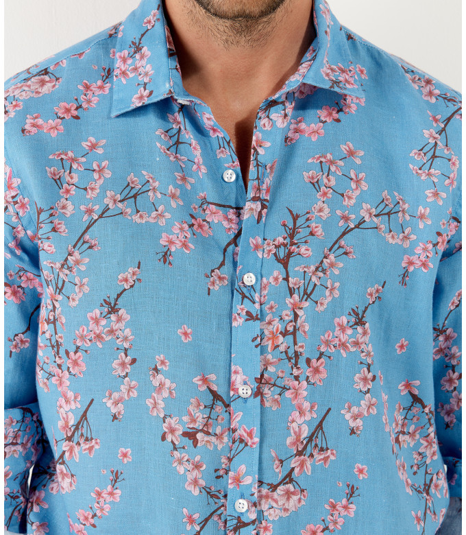 CIRO - Chemise lin imprimé motif fleur japonaise ocean