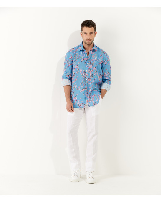 CIRO - Chemise lin imprimé motif fleur japonaise ocean