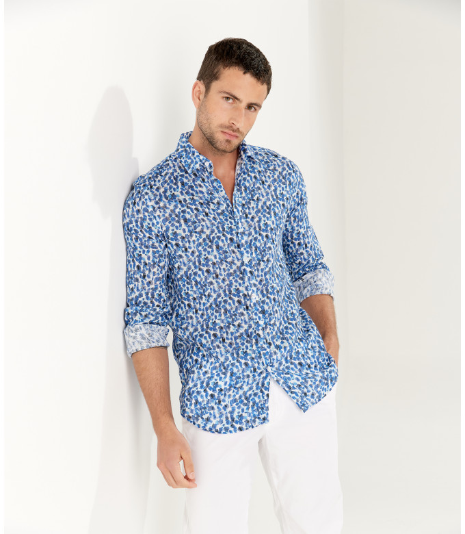 COOPER - Chemise en lin imprimé léopard coloris marine