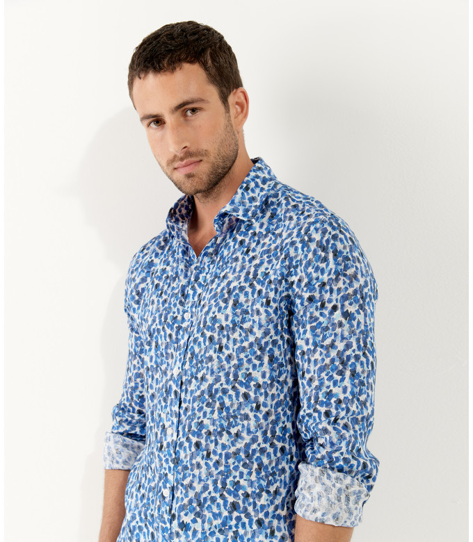COOPER - Chemise en lin imprimé léopard coloris marine