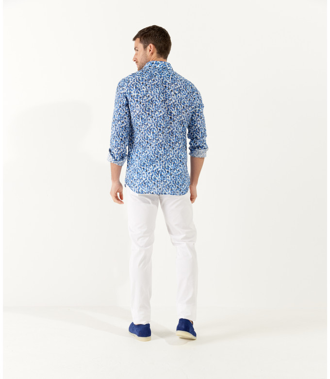 COOPER - Chemise en lin imprimé léopard coloris marine