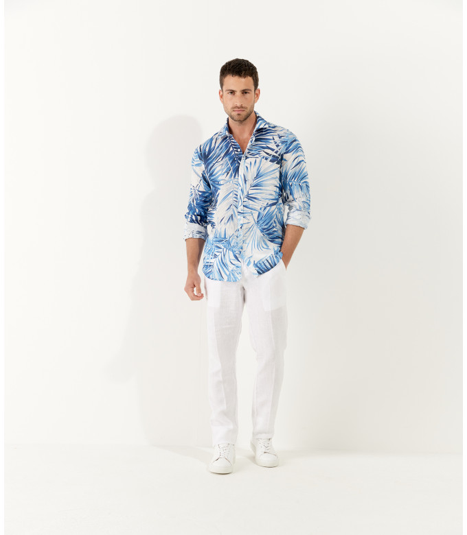 KANYE - Chemise en lin imprimé fleurie blanc