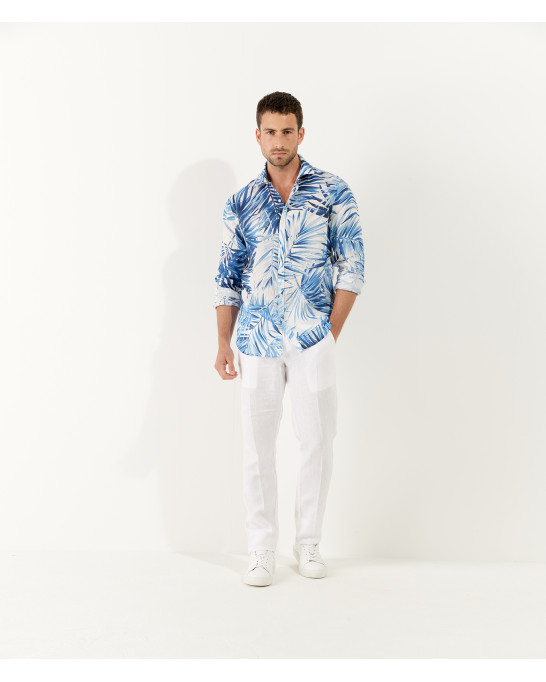 KANYE - White floral print linen shirt