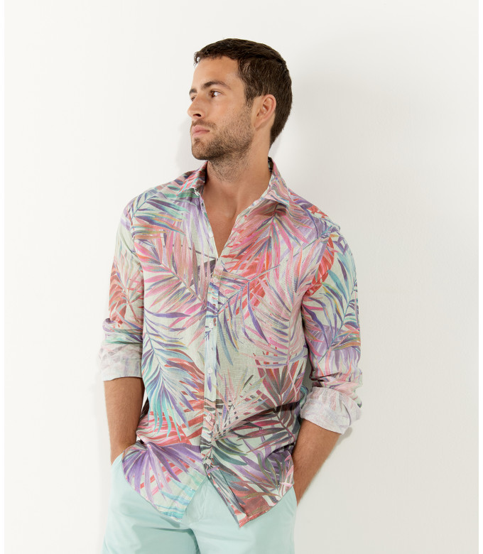 KANYE - Chemise en lin imprimé fleurie aqua