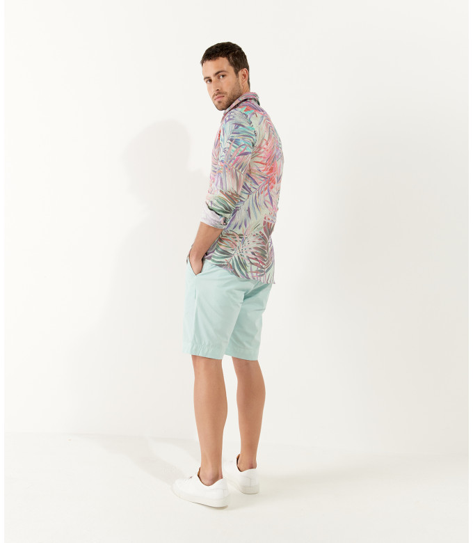 KANYE  - Chemise en lin imprimé fleurie aqua