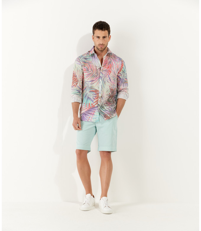 KANYE  - Chemise en lin imprimé fleurie aqua