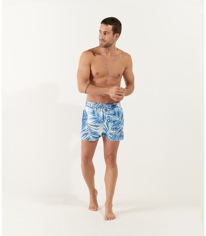 KAYDEN - Printed swim shorts with white palm leaf motif