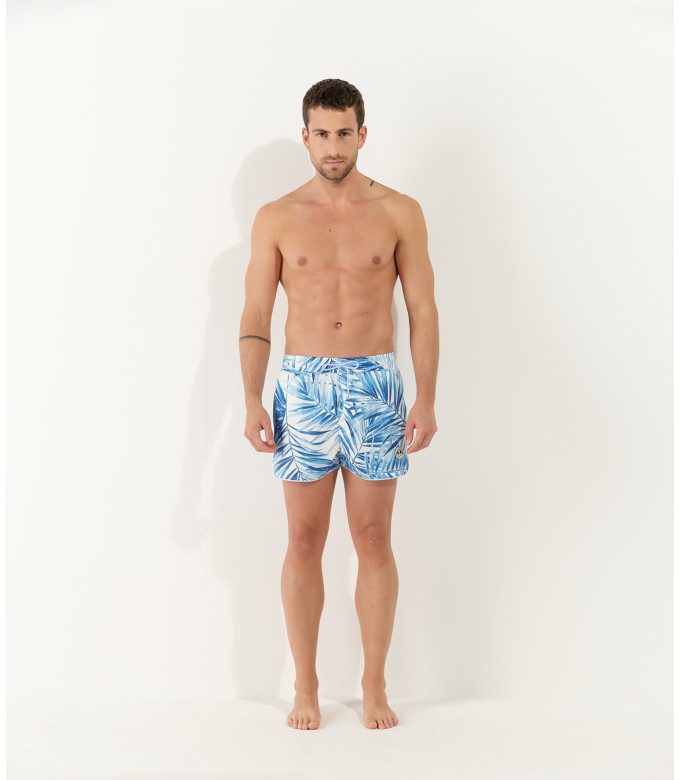 KAYDEN - Printed swim shorts with white palm leaf motif