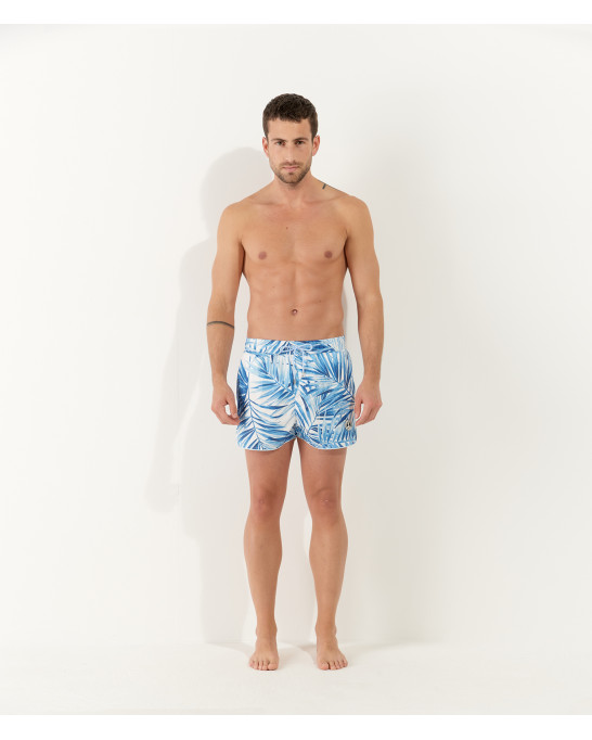 KAYDEN - Printed swim shorts with white palm leaf motif