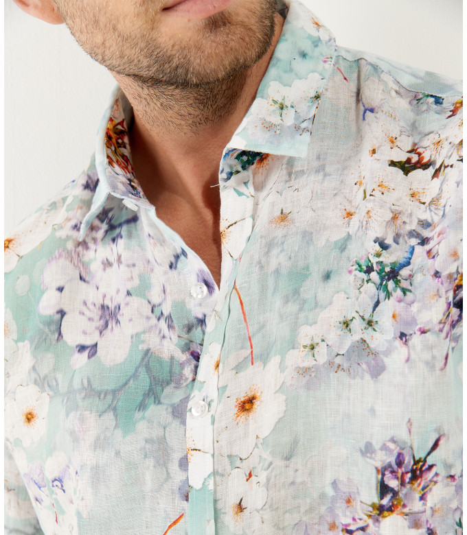 LORD- Chemise lin imprimé fleurie Aqua