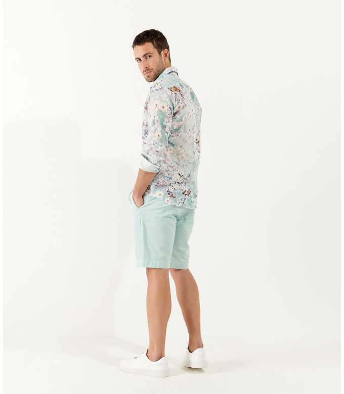 LORD - Aqua floral printed linen shirt