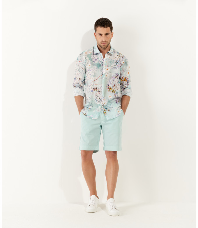 LORD - Aqua floral printed linen shirt