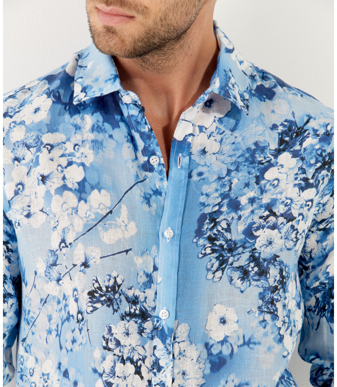 LORD- Chemise lin imprimé fleurie Indigo