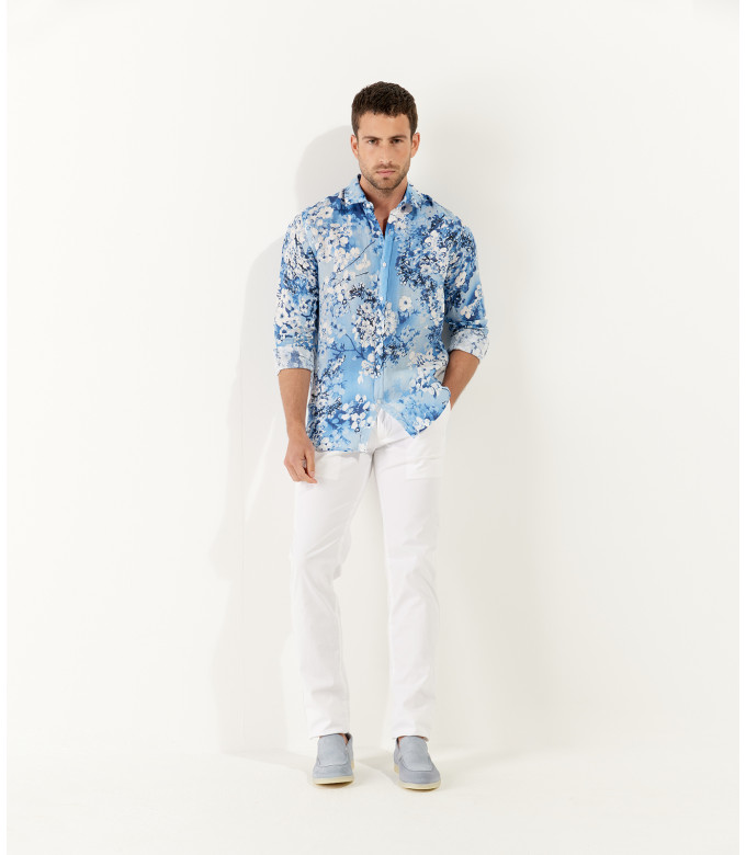 LORD - Indigo floral printed linen shirt