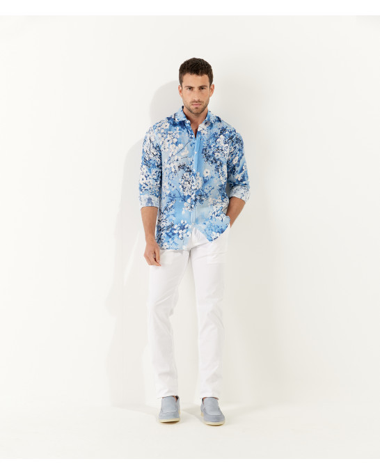 LORD- Chemise lin imprimé fleurie Indigo