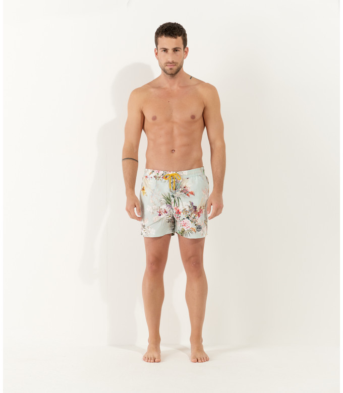 LUKA - Short de bain imprimé fleurs japonaises aqua