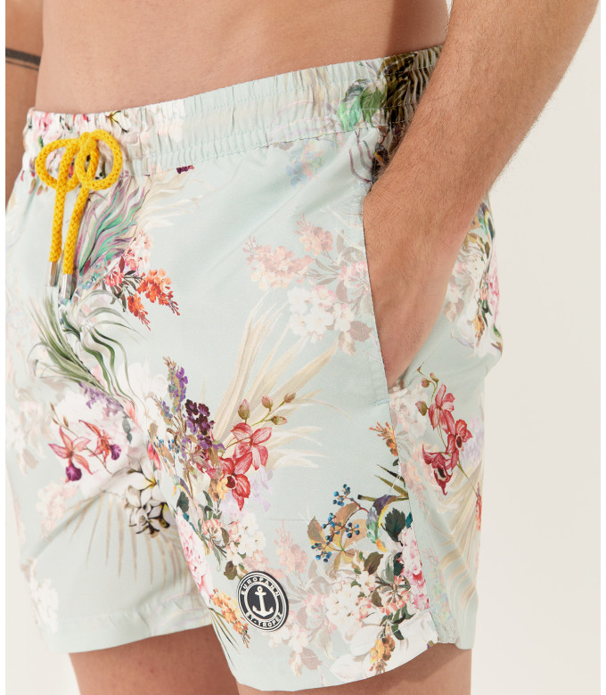 LUKA - Short de bain imprimé fleurs japonaises aqua