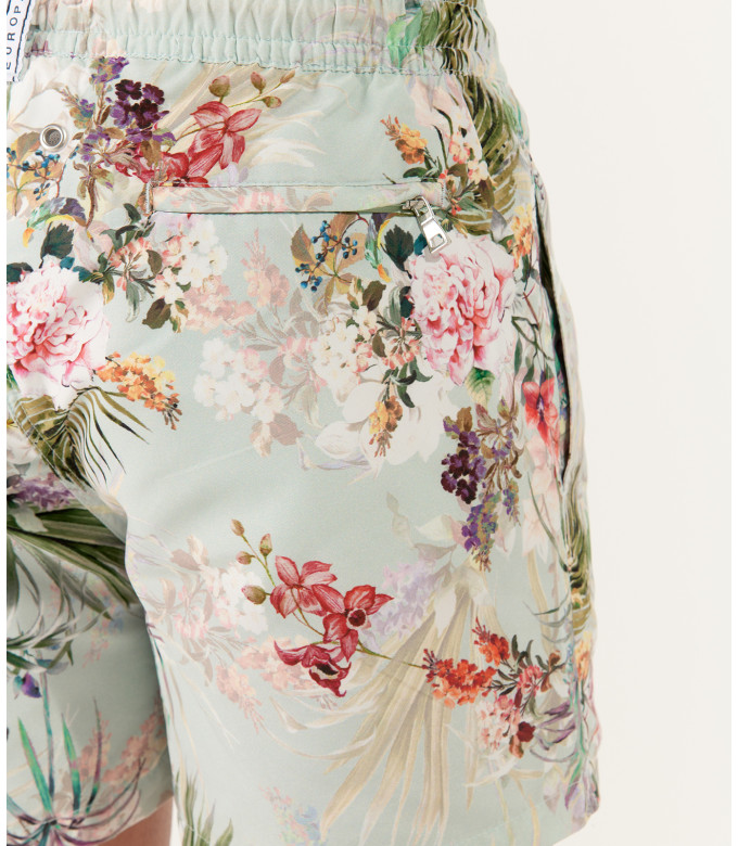 LUKA - Short de bain imprimé fleurs japonaises aqua