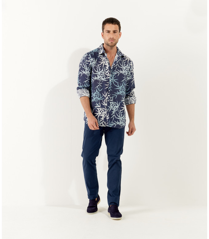 RALF - Navy blue floral print linen shirt