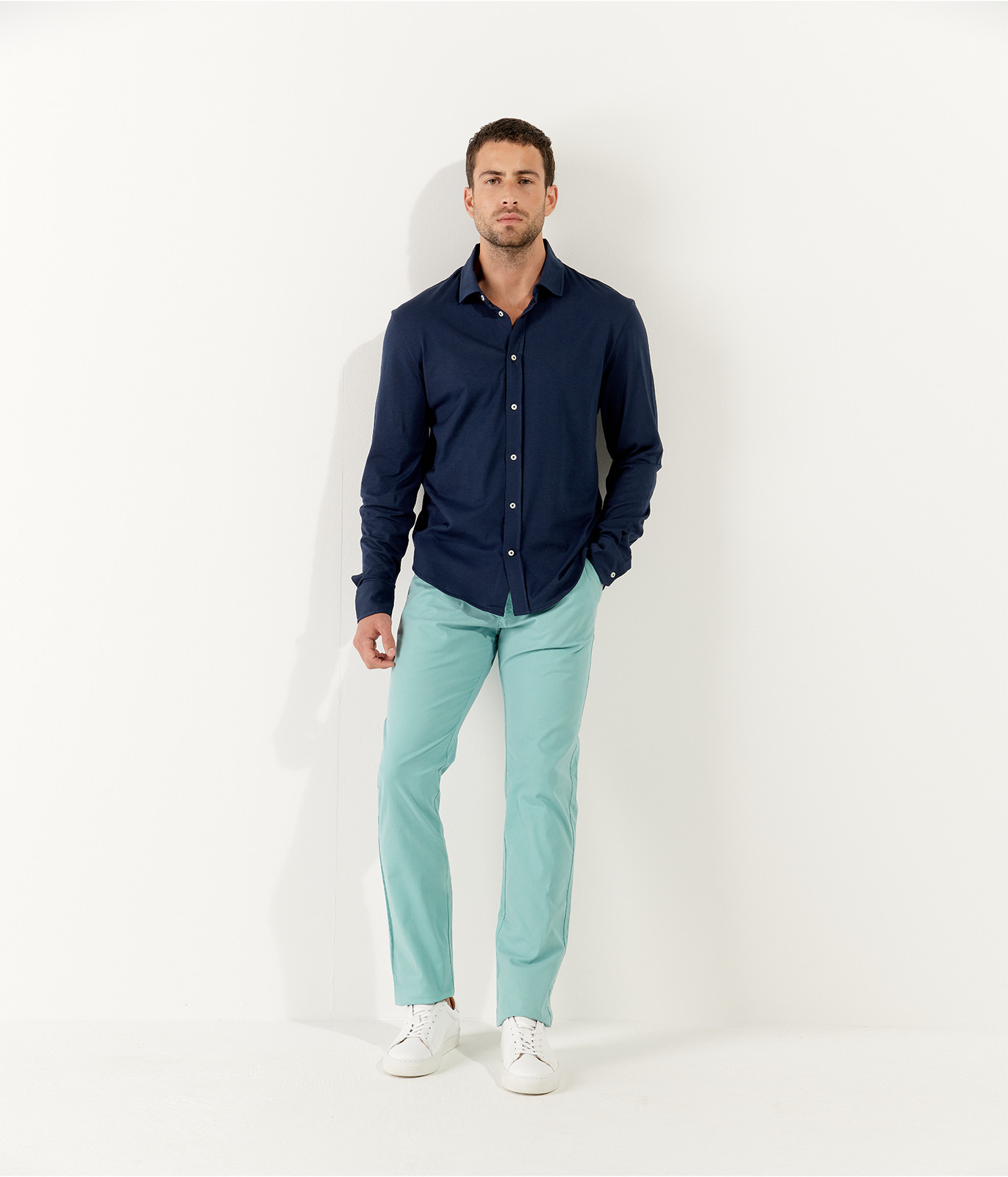 Navy blue shirt with khaki chinos cheap