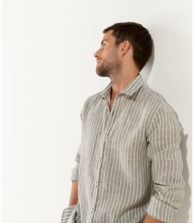 TENNIS -Linen striped shirt khaki