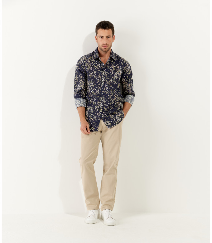 GAEL - Chemise coton imprimé fleurie bleu marine