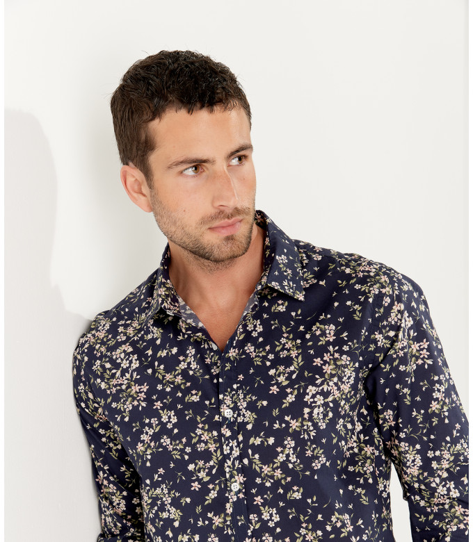 GAEL - Chemise coton imprimé fleurie bleu marine