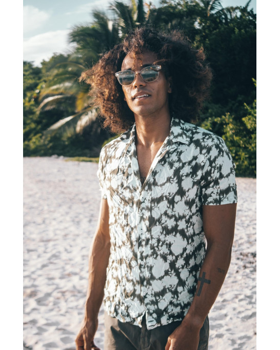 FLOYD - Khaki short-sleeved printed viscose shirt