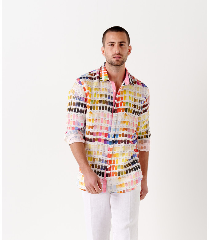 ROSS - Men's regular linen shirt in pink pantone print