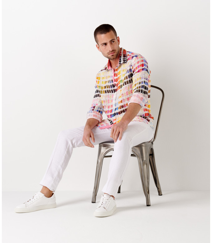 ROSS - Men's regular linen shirt in pink pantone print