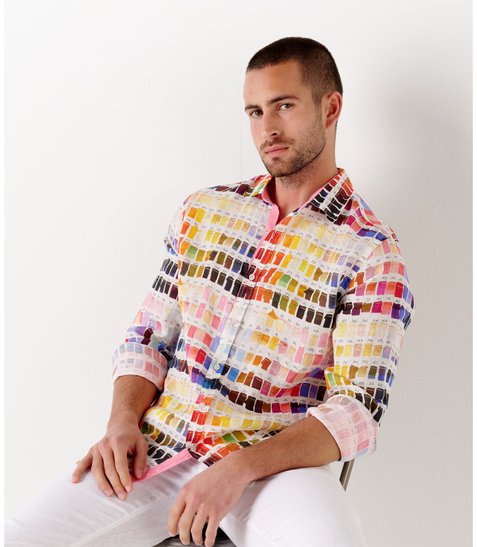 ROSS - Men's regular linen shirt in pink pantone print