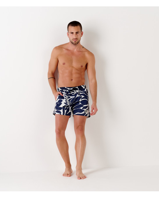 PIETRO - Navy Leaf Print Swim Shorts