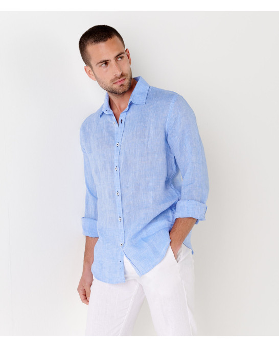 JONAS - Camisa lisa em linho mosqueado, azul