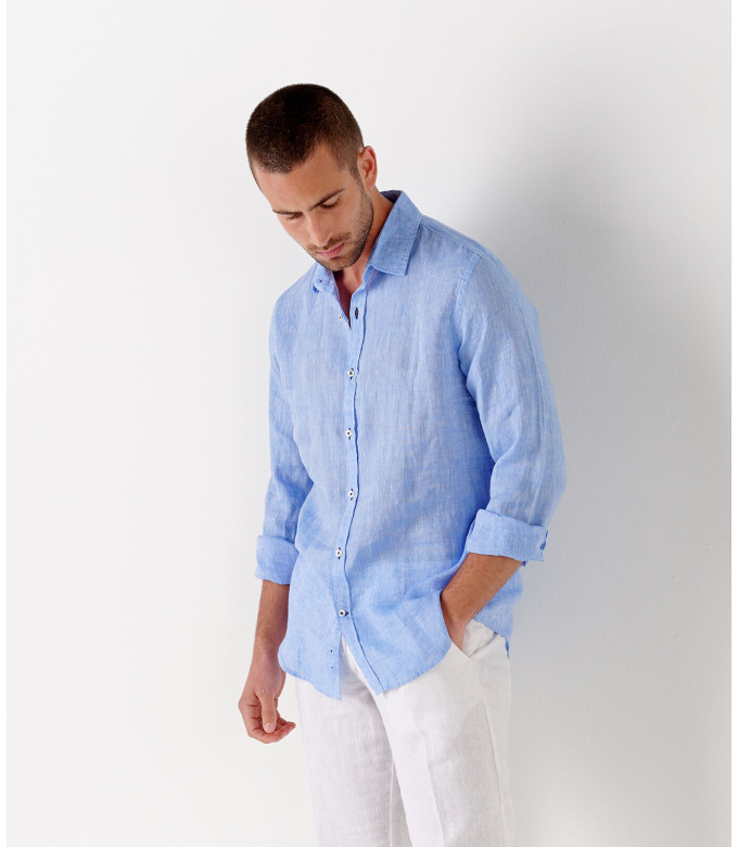 JONAS - Camisa lisa de lino jaspeado, azul