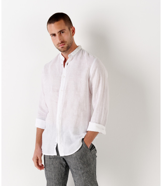 STAN - Mao collared linen casual shirt, white 