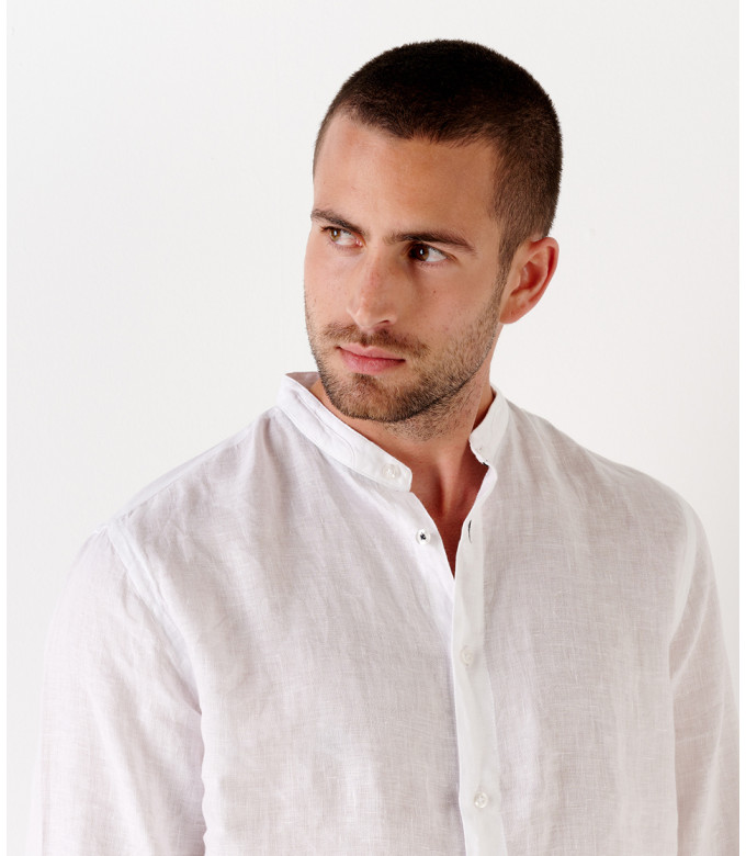 STAN - Mao collared linen casual shirt, white 