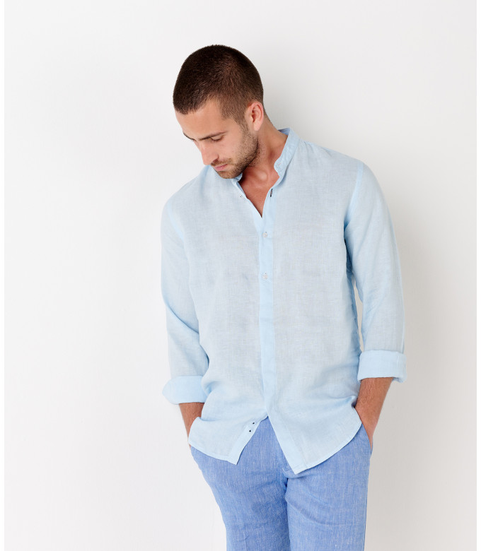 STAN - Linen shirt, Mao collar, sky blue