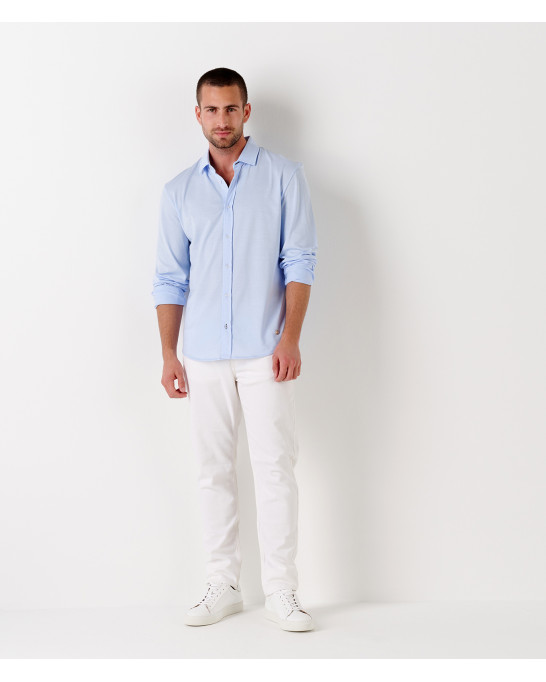 STUART - Chemise en jersey coton fin uni slim-fit, ciel