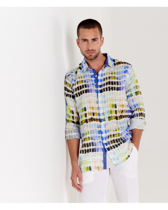 ROSS - Camisa regular de lino para hombre con estampado pantone blanco