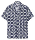 LISBOA - Chemise en lin manches courtes imprimé fleuri géométrique marine