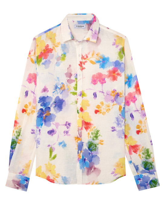 DIEGO - Chemise en lin imprimé fleurs aquarelles multi