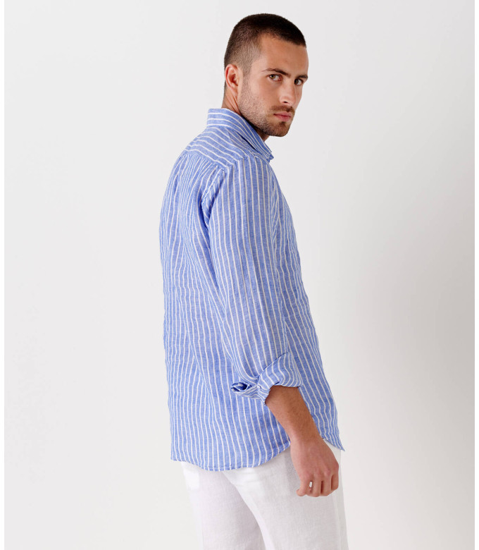 TENNIS - Camicia di lino a righe blu dal taglio classico