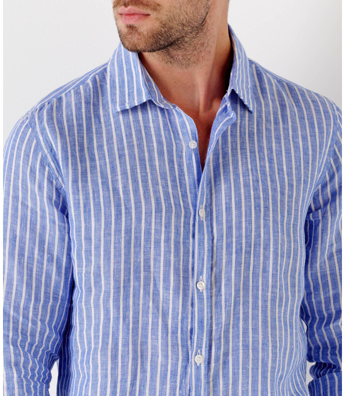 TENNIS - Camicia di lino a righe blu dal taglio classico