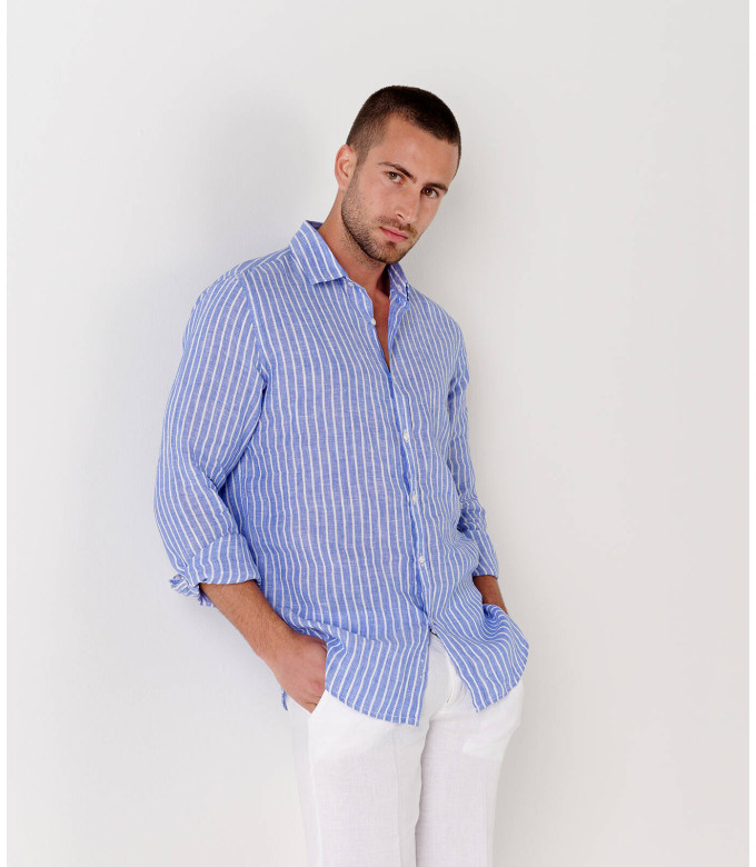 TENNIS - Camicia di lino a righe blu dal taglio classico