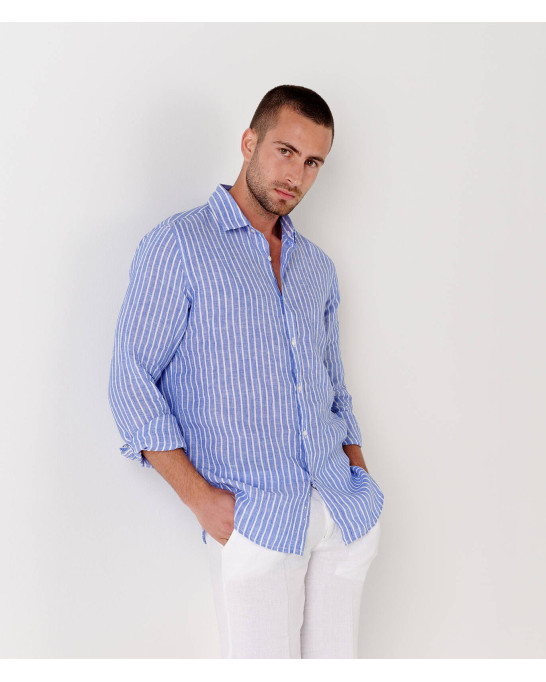 TENNIS - Classic cut shirt in blue striped linen