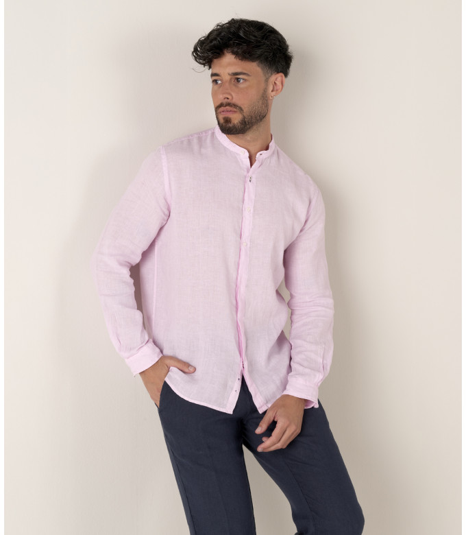 STAN - Camisa de lino con cuello Mao, rosa